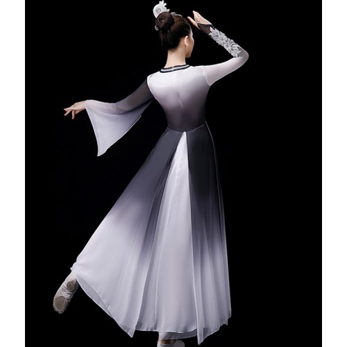 Women Girls Black white gradient chinese folk dance dresses traditional yangko umbrella dance costumes hanfu for female